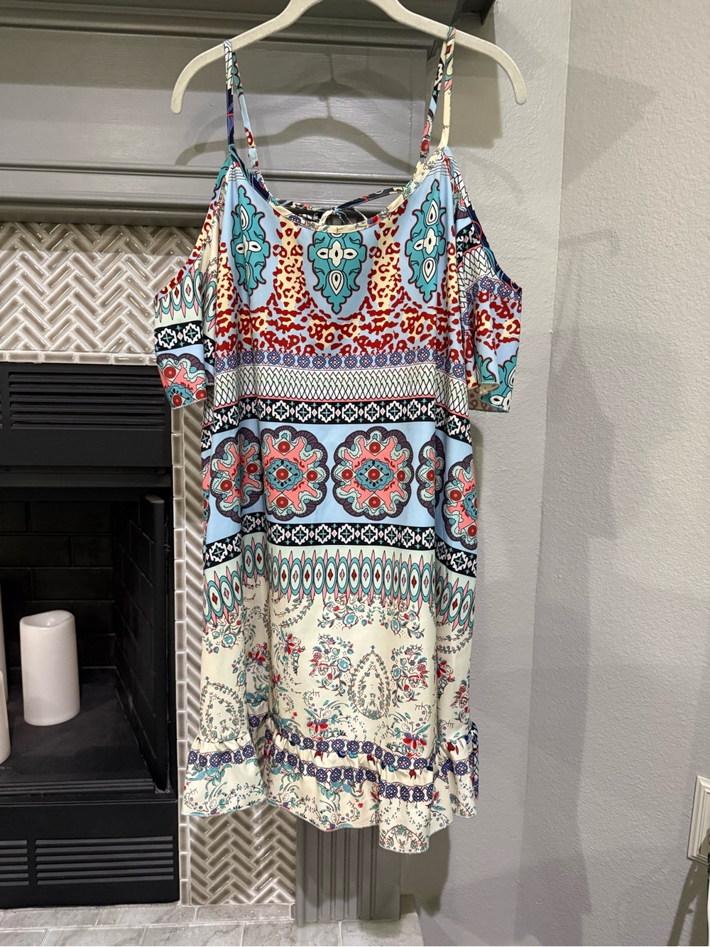 SHEIN Cold-Shoulder Floral Medallion Sundress in Cream, Turquoise and Coral
